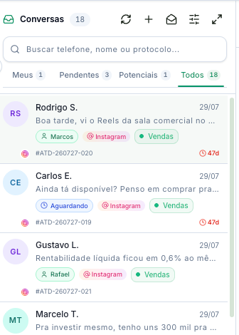 Coluna de conversas com as filas Meus, Pendentes, Potenciais e Todos