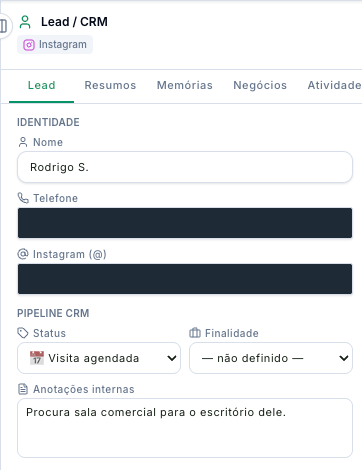 Painel Lead / CRM com identidade, status, finalidade e anotações internas