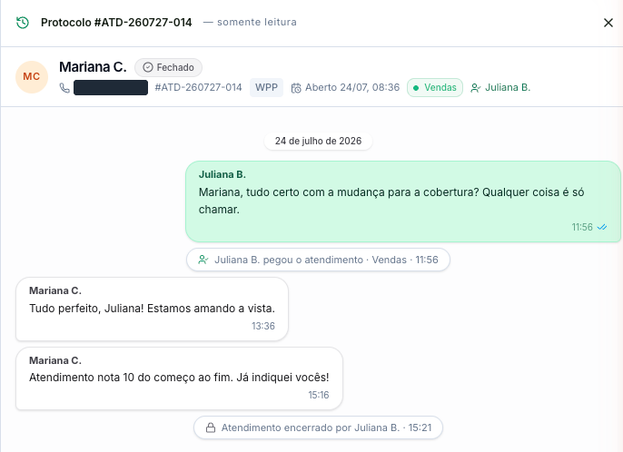 Painel do protocolo em modo somente leitura, com o contato, o status Fechado, o canal, a data de abertura, o departamento, o atendente e as mensagens da conversa