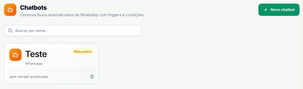 Tela Chatbots com o botão Novo chatbot, a busca por nome e o cartão do chatbot Teste, canal Whatsapp, com o selo Rascunho e a linha sem versão publicada