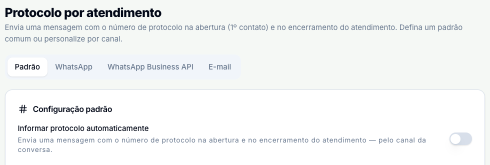 Tela do protocolo por atendimento, com as abas Padrão, WhatsApp, WhatsApp Business API e E-mail e a chave Informar protocolo automaticamente