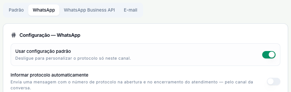 Aba WhatsApp com a chave Usar configuração padrão ligada