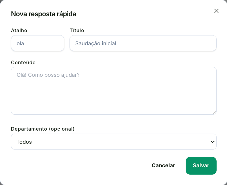 Janela Nova resposta rápida, com os campos Atalho, Título, Conteúdo e Departamento