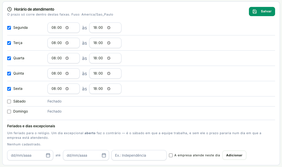 Horário de atendimento por dia da semana, com as faixas de início e fim