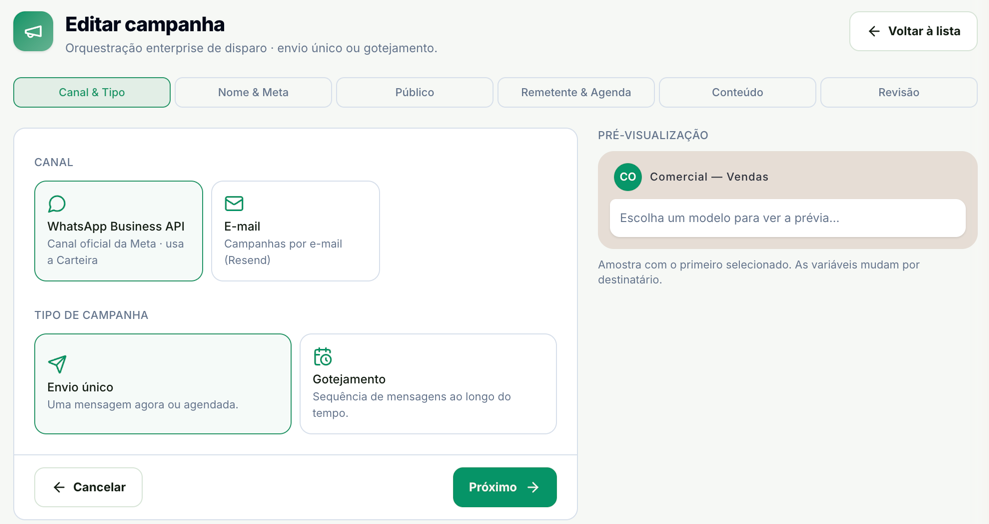 Etapa Canal & Tipo com o canal WhatsApp Business API escolhido, os tipos Envio único e Gotejamento e a pré-visualização do número Comercial — Vendas à direita