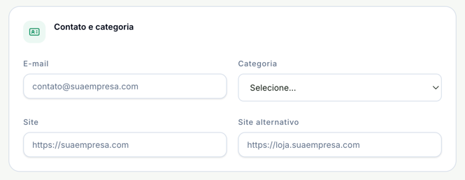 Bloco Contato e categoria com os campos E-mail, Categoria, Site e Site alternativo