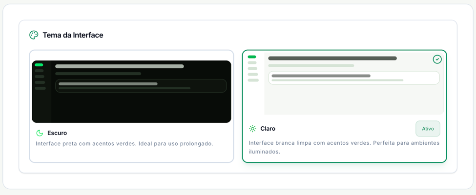 Tela Aparência com o cartão Tema da Interface: Escuro à esquerda e Claro à direita, este com o selo Ativo
