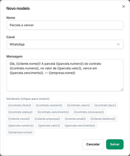 Janela Novo modelo com o nome Parcela a vencer, o canal WhatsApp, uma mensagem com variáveis do cliente, da parcela e do contrato e a lista de variáveis para clicar