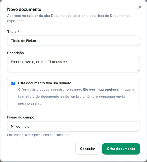 Janela Novo documento preenchida com o título Título de Eleitor, a descrição, a opção Este documento tem um número marcada e o nome do campo Nº do título