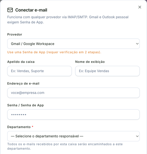 Janela Conectar e-mail com o provedor Gmail / Google Workspace e o aviso de Senha de App, os campos Apelido da caixa, Nome de exibição, Endereço de e-mail, Senha / Senha de App e Departamento