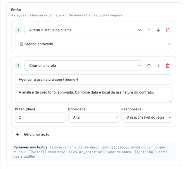 Bloco Então do gatilho Crédito aprovado com duas ações: 1, Alterar o status do cliente para Crédito aprovado; 2, Criar uma tarefa com título, descrição, prazo de 2 dias, prioridade Alta e o responsável do registro; o botão Adicionar ação e a lista de variáveis