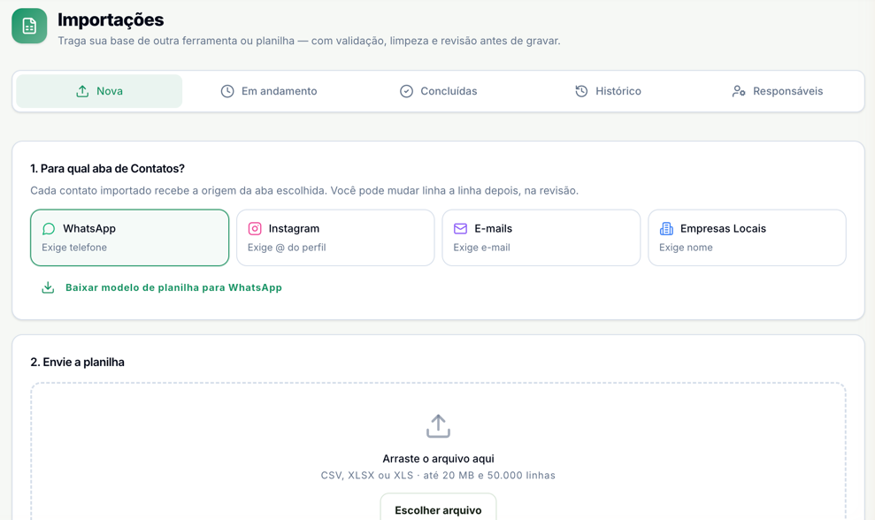Tela Importações com as abas Nova, Em andamento, Concluídas, Histórico e Responsáveis; na aba Nova, a escolha da aba de Contatos (WhatsApp, Instagram, E-mails ou Empresas Locais), o link para baixar o modelo de planilha e a área para enviar o arquivo