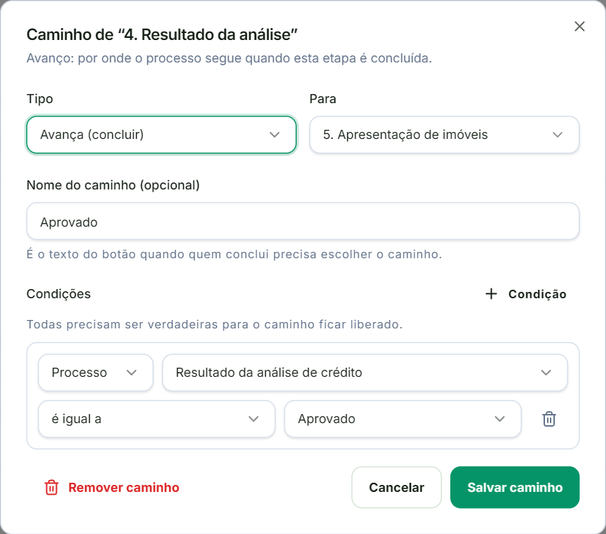 Edição do caminho Aprovado com a condição sobre o resultado da análise