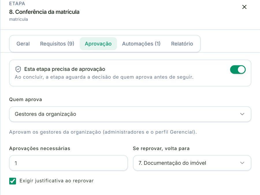 Aba Aprovação da etapa Conferência da matrícula