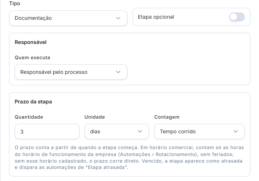 Aba Geral da etapa Documentação para análise com responsável e prazo