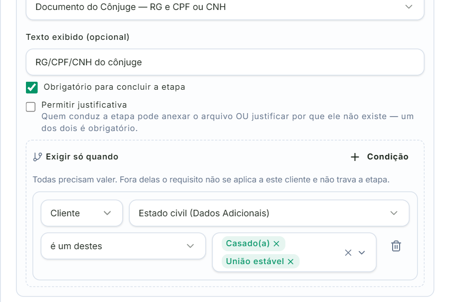 Requisitos da etapa com o documento do cônjuge exigido só para casados