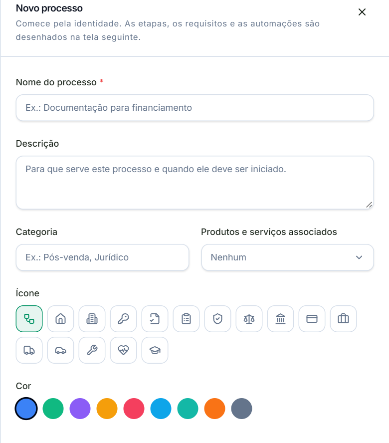 Janela Novo processo com nome, descrição, categoria, ícone e cor