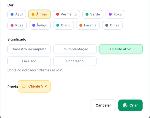Parte de baixo da janela Novo Status: a cor Âmbar, o significado Cliente ativo marcado com a frase Conta no indicador Clientes ativos, e a prévia do status Cliente VIP
