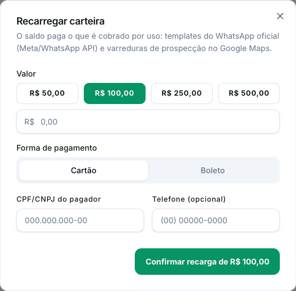 Janela Recarregar carteira, com os valores, a forma de pagamento e o campo de CPF ou CNPJ