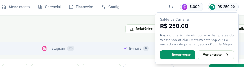 Saldo da carteira no topo da tela, com o resumo aberto e os botões Recarregar e Ver extrato