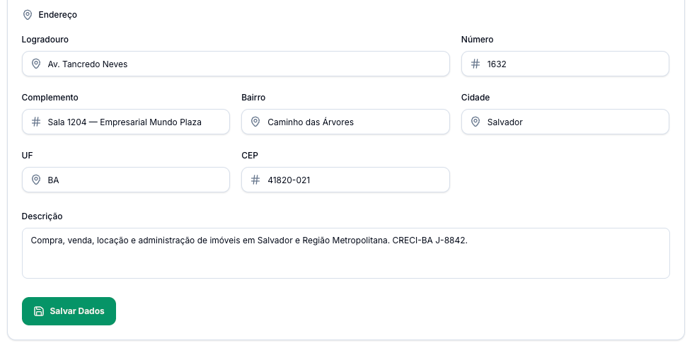 Endereço da empresa com logradouro, número, complemento, bairro, cidade, UF e CEP, a descrição e o botão Salvar Dados