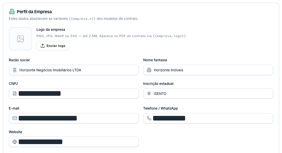 Perfil da Empresa com o logo, razão social, nome fantasia, CNPJ, inscrição estadual, e-mail, telefone e website