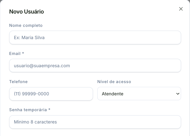 Formulário Novo Usuário com nome completo, e-mail, telefone, nível de acesso e senha temporária