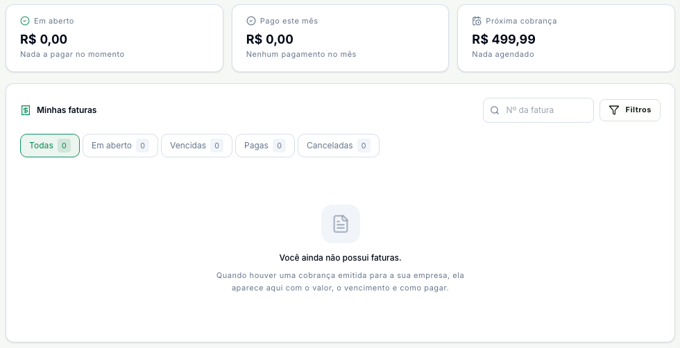 Indicadores de em aberto, pago no mês e próxima cobrança, com a lista de faturas abaixo