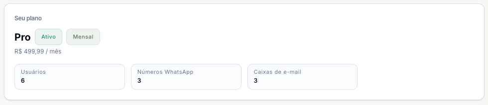 Bloco do plano atual, com o nome do plano, o ciclo, o valor mensal e os limites de usuários, números e caixas de e-mail