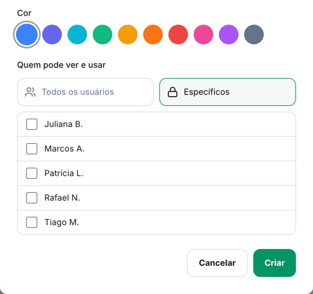Parte de baixo do diálogo Novo tipo de atividade: a cor, a escolha Específicos marcada e a lista da equipe com uma caixa de seleção para cada pessoa