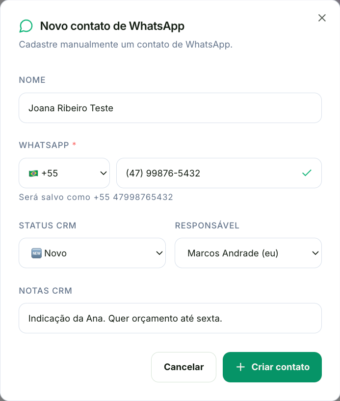 Formulário Novo contato de WhatsApp preenchido, com nome, número, status, responsável e notas