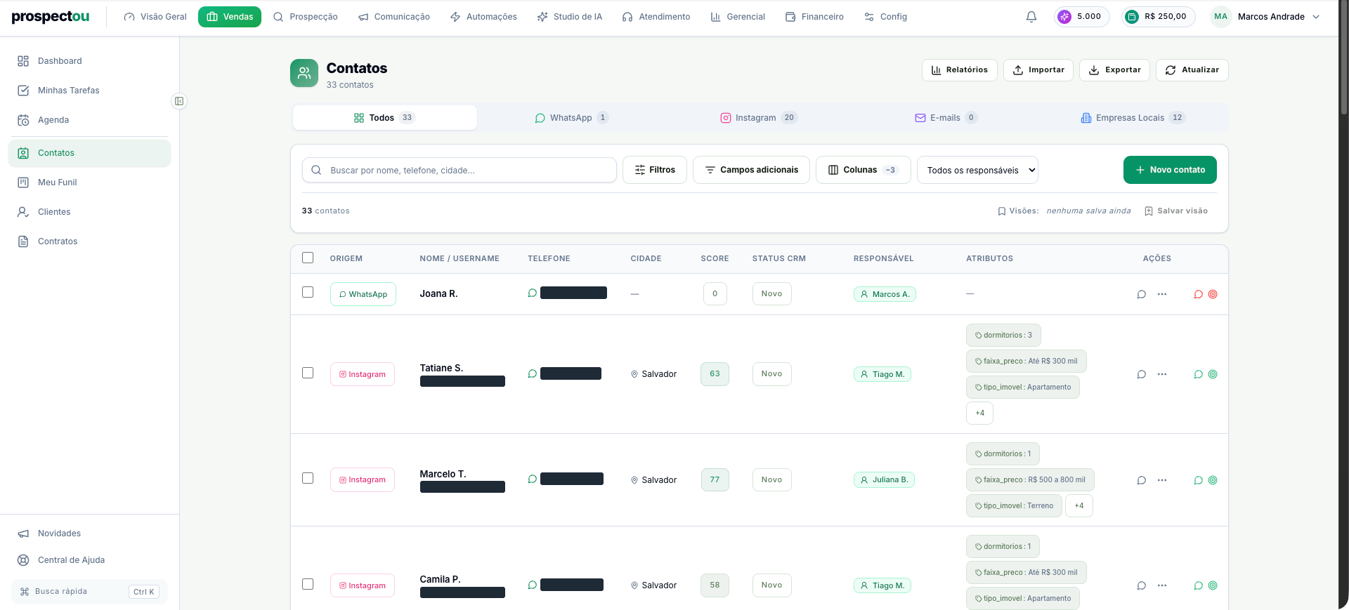 Lista de contatos com o contato recém-criado na primeira linha