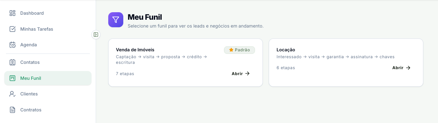 Tela Meu Funil com os processos comerciais disponíveis e a opção Abrir