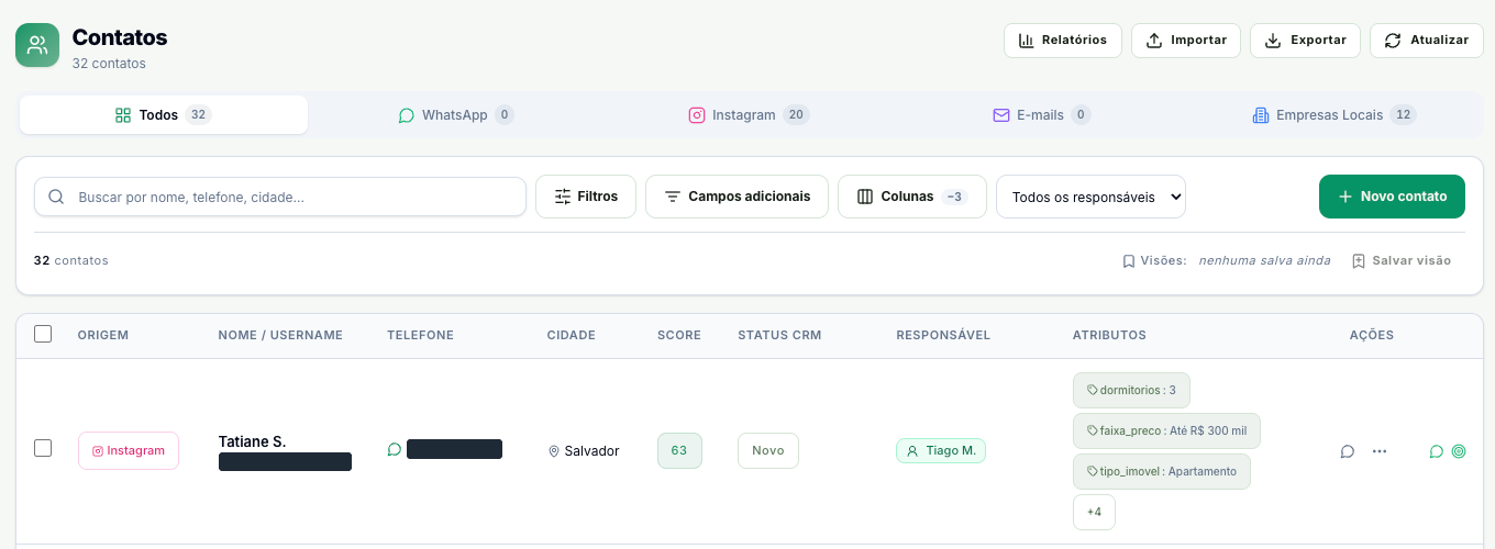 Tela Contatos com busca, origens e filtros da lista