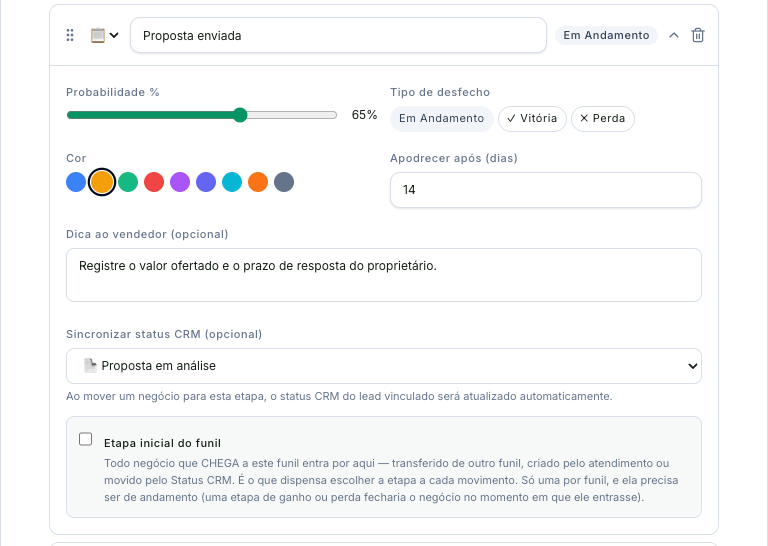 Detalhes de uma etapa, com probabilidade, tipo de desfecho, cor e sincronização de status