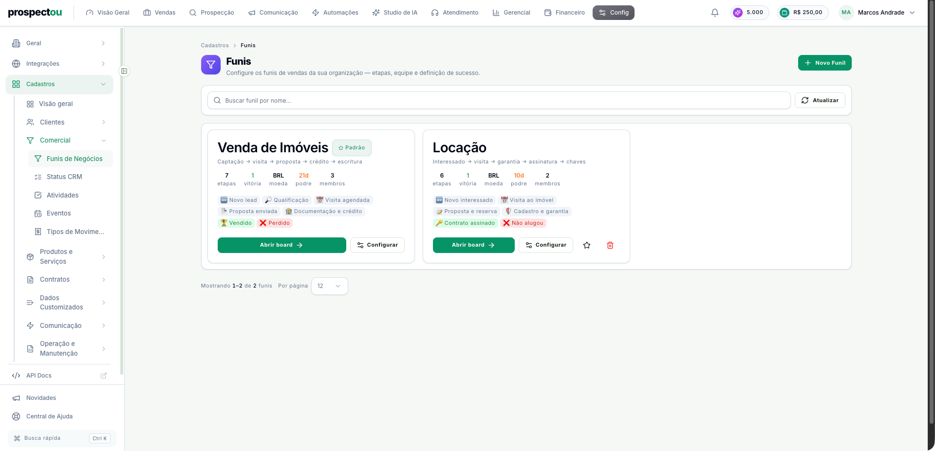 Tela Funis, com um card por funil e o botão Configurar