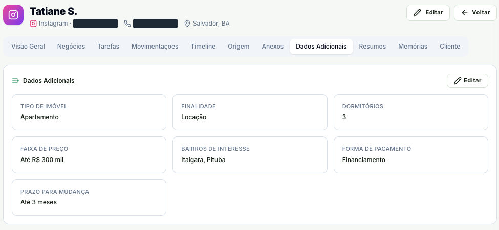 Página do contato na aba Dados Adicionais, com tipo de imóvel, finalidade, dormitórios, faixa de preço, bairros de interesse, forma de pagamento e prazo para mudança preenchidos