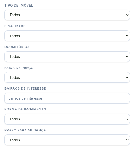 Painel Campos adicionais com um seletor para cada campo de lista e uma caixa de texto para Bairros de interesse