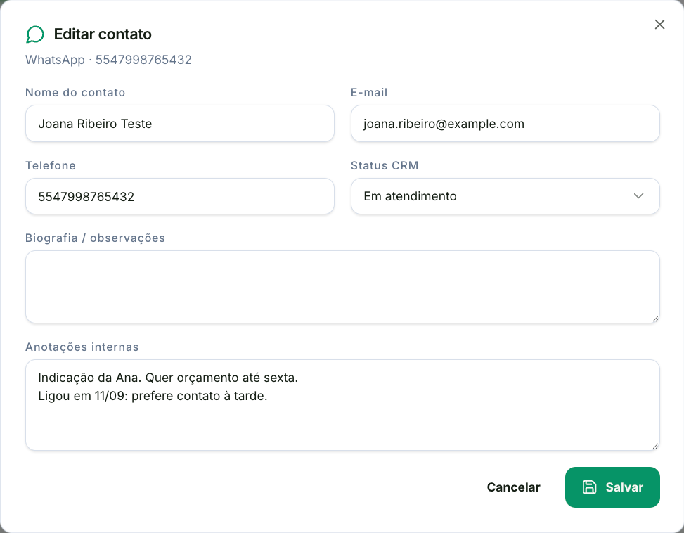 Janela Editar contato com nome, e-mail, telefone, status, biografia e anotações internas