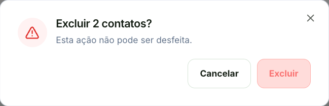 Confirmação Excluir 2 contatos, com os botões Cancelar e Excluir