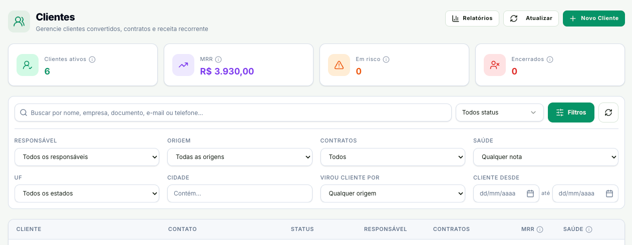 Filtros adicionais da carteira de clientes
