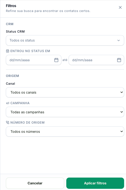 Painel de filtros dos contatos com critérios de CRM e origem