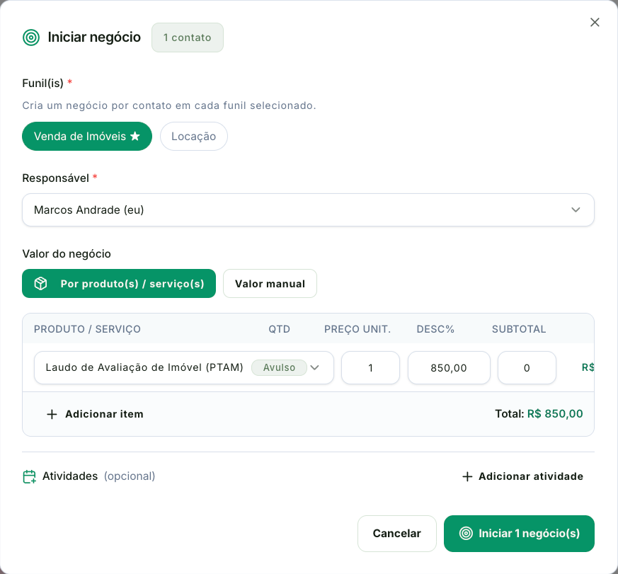 Janela Iniciar negócio com os campos de funil, responsável e valor