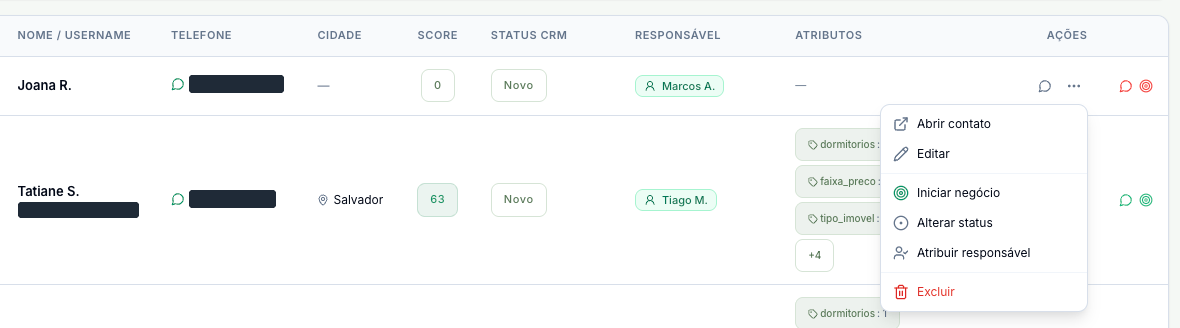 Lista de contatos com o menu de ações aberto e a opção Iniciar negócio