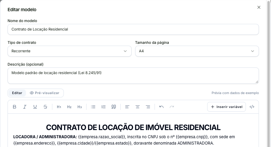 Editar modelo com nome, tipo de contrato, tamanho da página, descrição e o início do texto do contrato com as variáveis