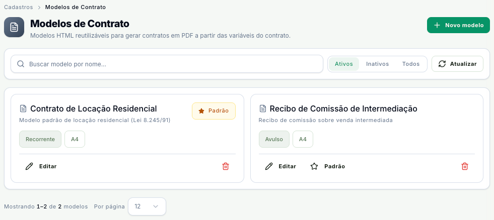 Lista de modelos de contrato com o Contrato de Locação Residencial, marcado como Padrão, e o Recibo de Comissão de Intermediação