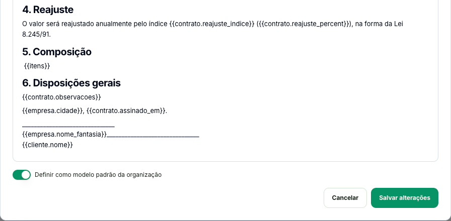 Fim do modelo com as cláusulas finais, as linhas de assinatura, a chave Definir como modelo padrão da organização e os botões Cancelar e Salvar alterações