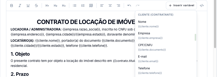 Menu Inserir variável aberto no grupo Cliente (contratante), com nome, empresa, CPF/CNPJ, e-mail e telefone