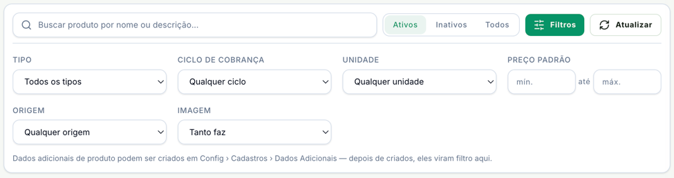 Painel de filtros do catálogo: Tipo, Ciclo de cobrança, Unidade, Preço padrão de mínimo a máximo, Origem e Imagem