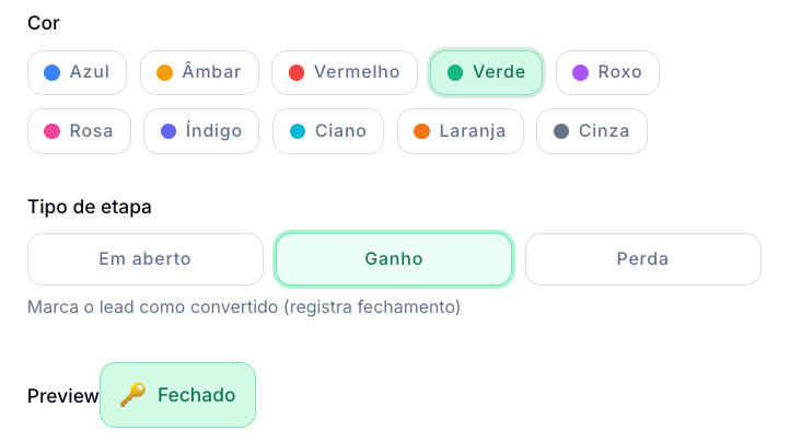 Editar Status CRM do status Fechado, com a cor Verde e o tipo Ganho marcados e a prévia do selo